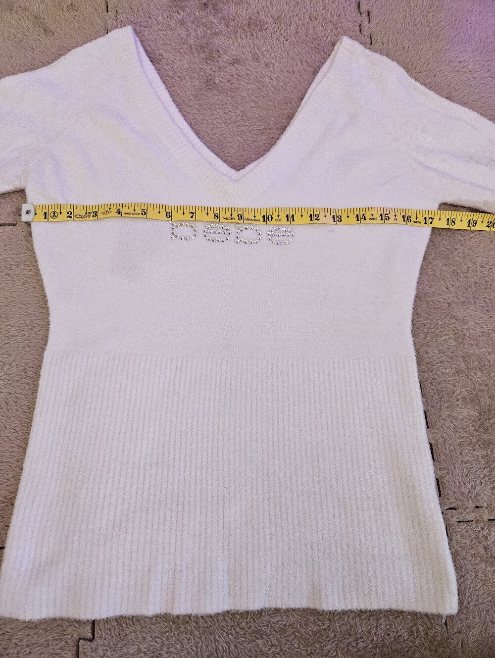 bebe Off-Shoulder White Rhinestone Logo Sweater Sz L - Picture 5 of 11